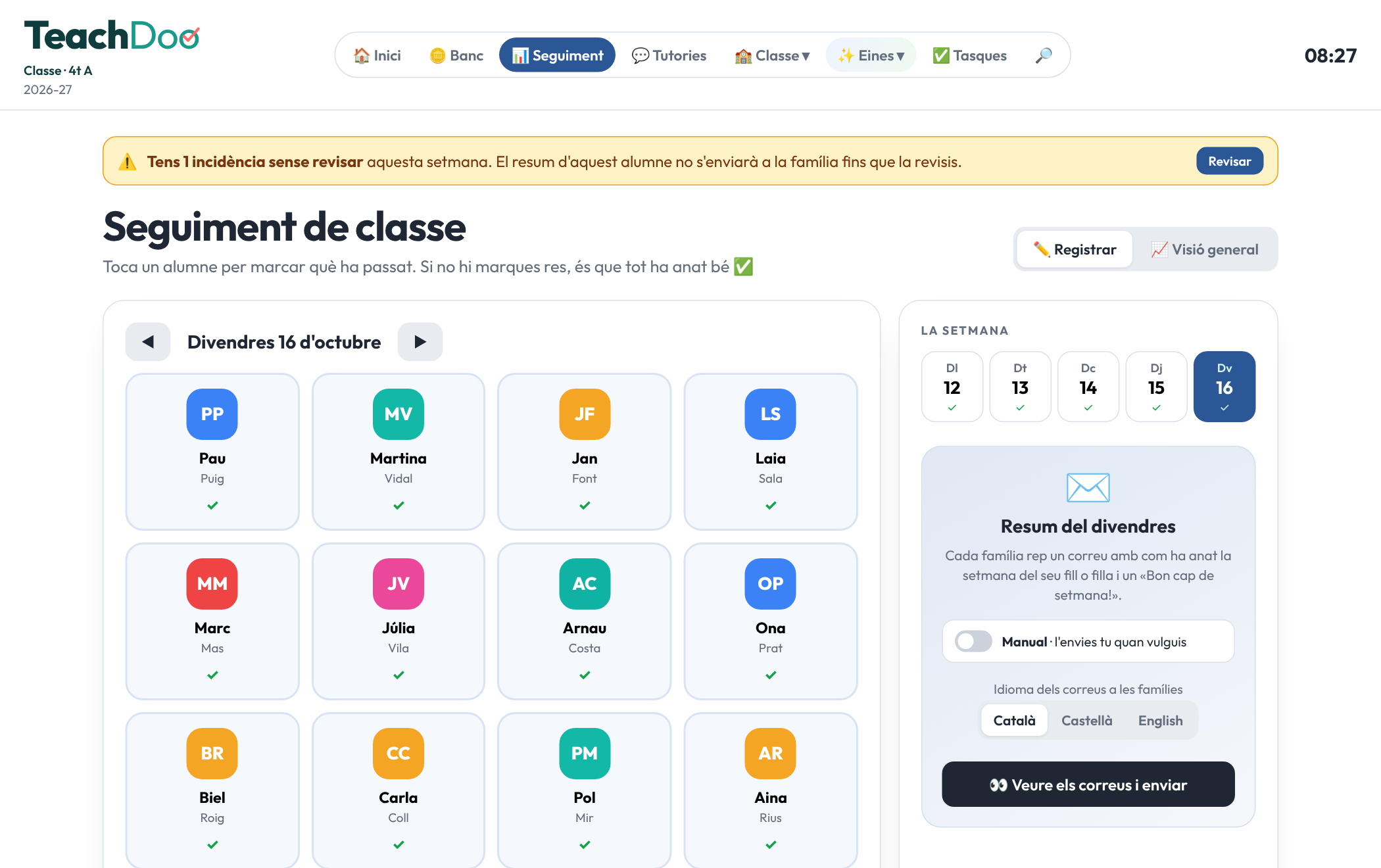 Pantalla de seguimiento diario de la clase